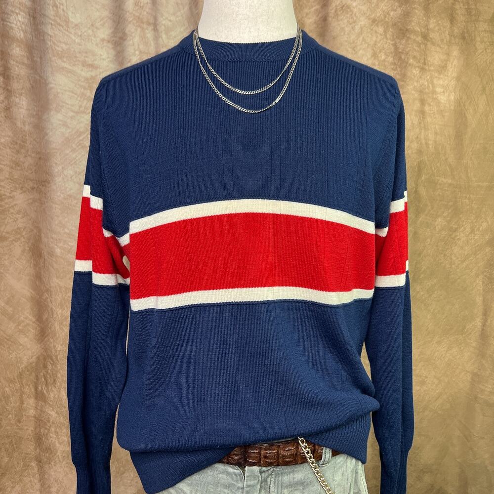 Vintage Striped Sweater 80s Red Blue Pullover Knit Wool Blend Retro Indie Skater